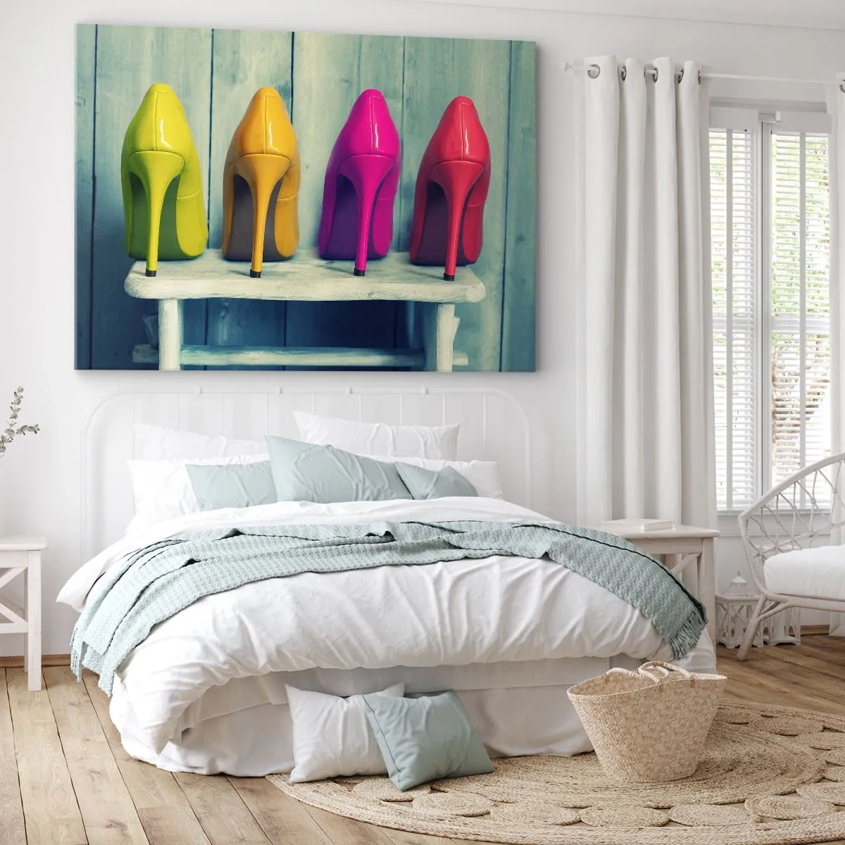 Canvastavla - Bild på duk - Färgglada höga klackar mot en trävägg - 70x50cm - En promenad på regnbågen - Modern väggdekoration för vardagsrum och sovrum ARTTOR