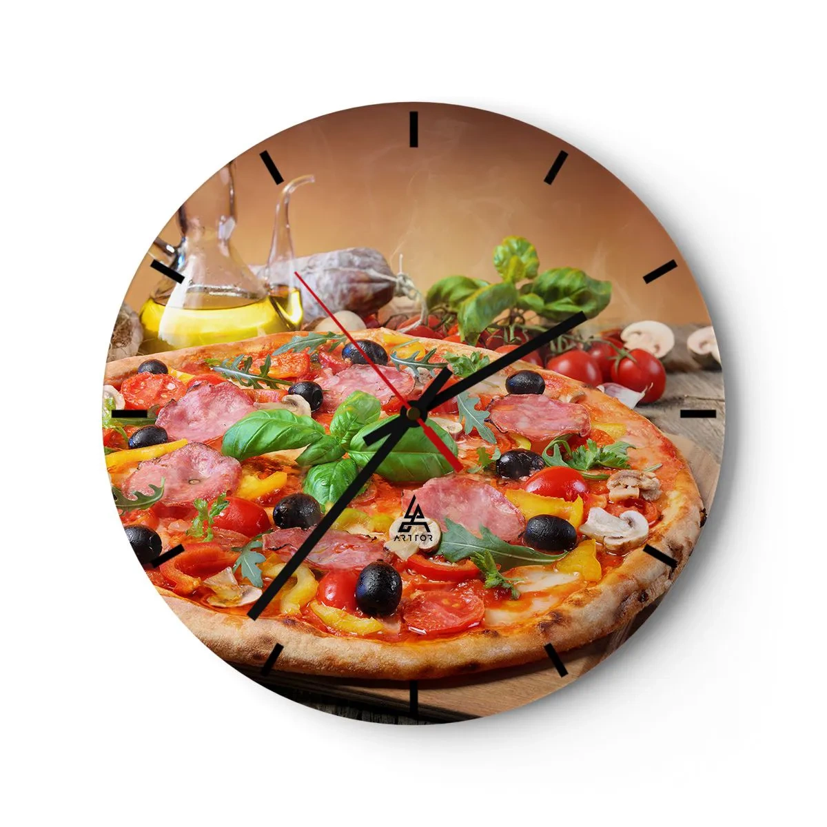 Väggklocka - Klocka på glas - Aptitretande pizza med pålägg på ett träbord - 30x30cm - Med riktig italiensk smak - Modern väggdekoration för vardagsrum, kök och sovrum ARTTOR