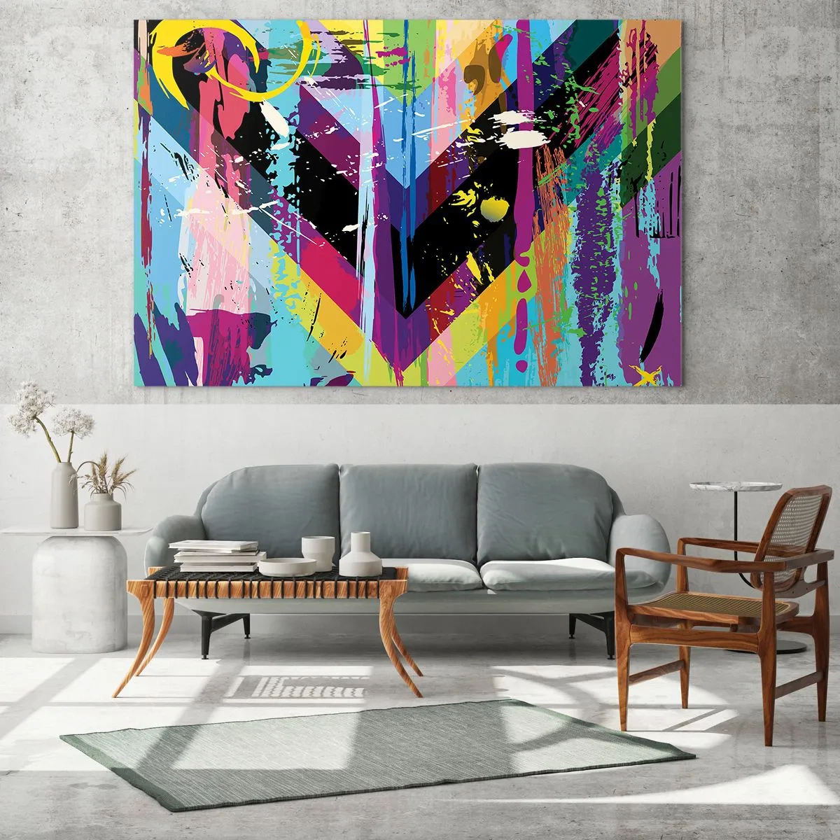 Glastavla - Bild på glas - Färgglad abstraktion med dynamiska former och intensiva färger - 70x50cm - Uppifrån nedåt - Modern väggdekoration för vardagsrum och sovrum ARTTOR
