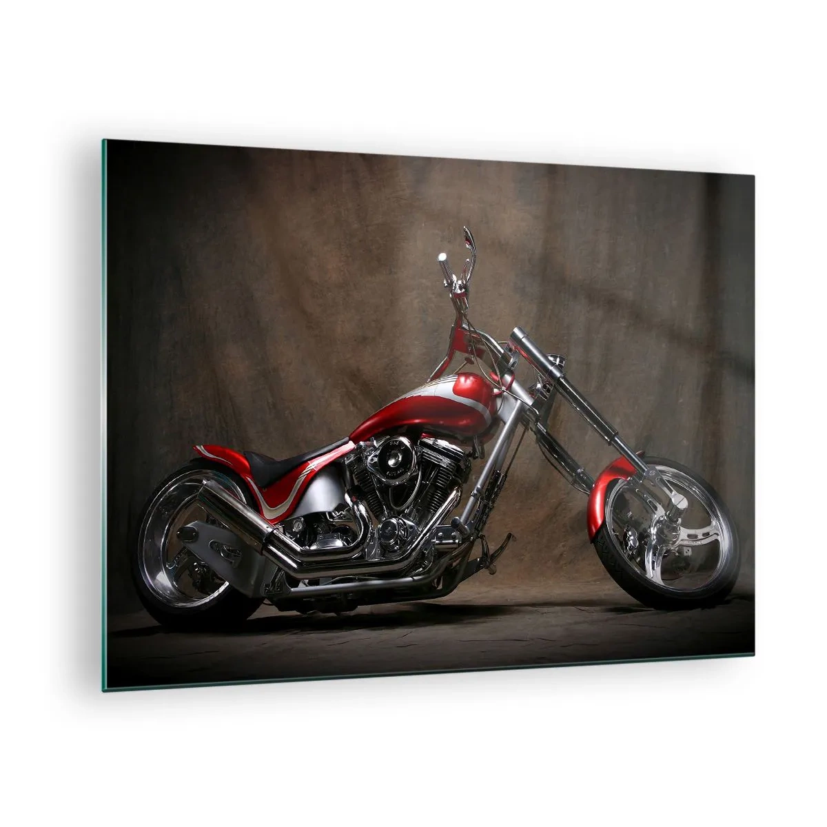Glastavla - Bild på glas - Röd specialbyggd motorcykel på en mörk bakgrund - 70x50cm - Röd-silver skönhet - Modern väggdekoration för vardagsrum och sovrum ARTTOR