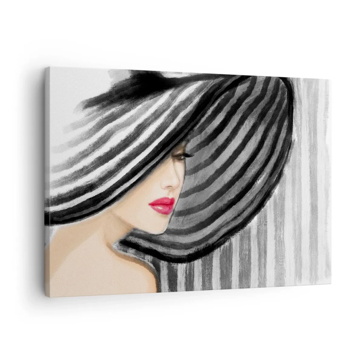 Canvastavla - Bild på duk - Kvinna som bär en svartvit hatt med röd accent - 70x50cm - Var hittar jag dig? - Modern väggdekoration för vardagsrum och sovrum ARTTOR