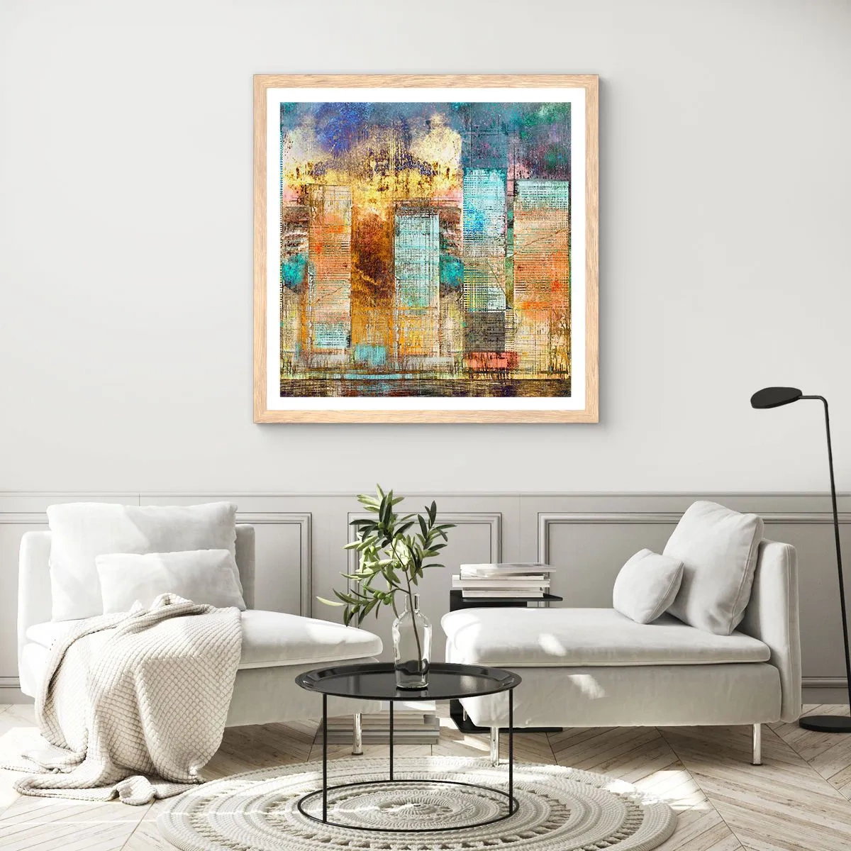 Affisch i ram av ljusek - Solig metropol - 40x40 cm