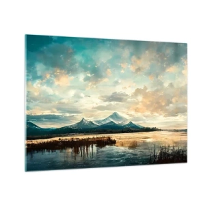Glastavla - Bild på glas - Vinterlandskap med berg och en frusen sjö - 70x50cm - Under himlens skydd - Modern väggdekoration för vardagsrum och sovrum ARTTOR