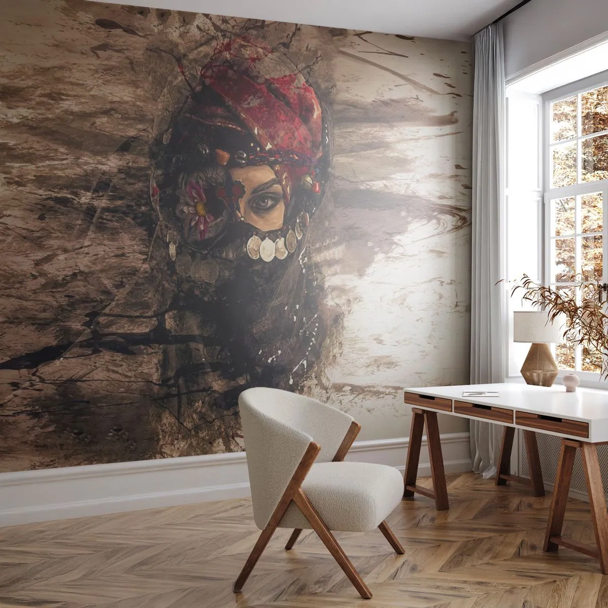 Fototapet Premium Sand - Minst intrigerande - Abstraktion, Kvinnans ansikte, Orientaliska symboler - 400x280 cm