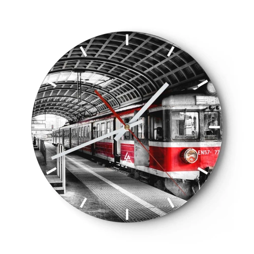 Väggklocka - Klocka på glas - Rött tåg på stationen i industriell stil - 30x30cm - Det är kanske livets resa? - Modern väggdekoration för vardagsrum, kök och sovrum ARTTOR