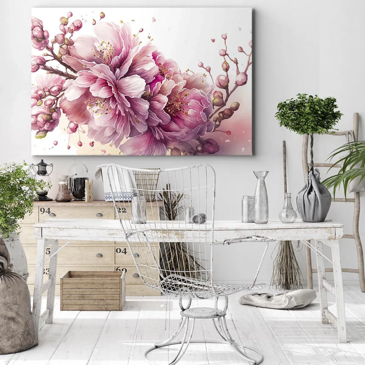 Canvastavla - Bild på duk - Fina körsbärsblommor i full blom mot en ljus bakgrund - 70x50cm - Blommande körsbärsblomma - Modern väggdekoration för vardagsrum och sovrum ARTTOR