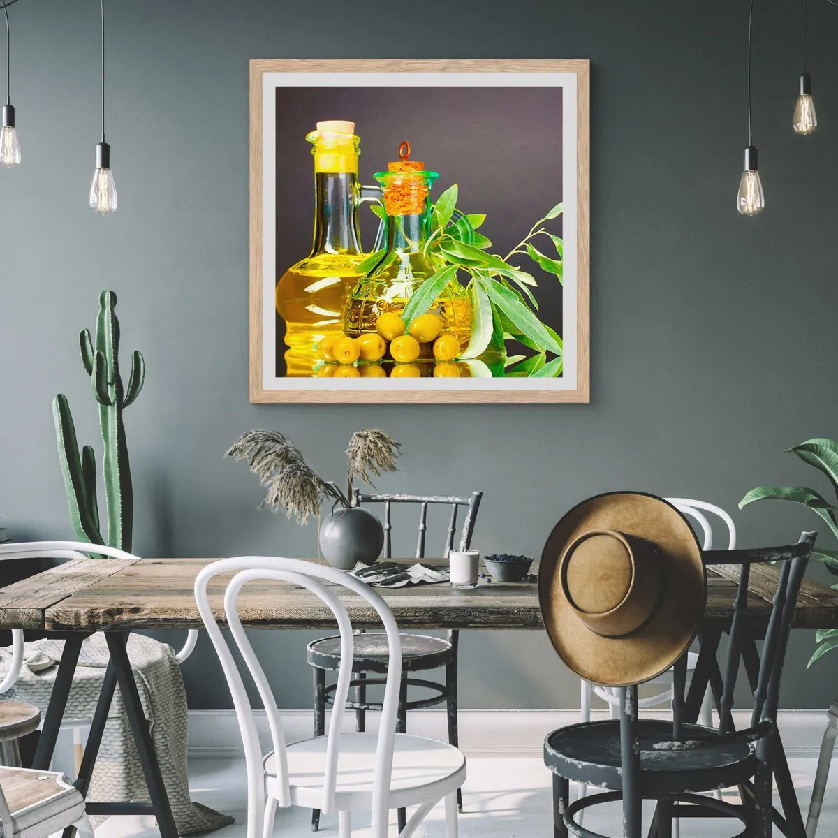 Affisch i ram av ljusek - Stilleben med oliver och olivolja - 60x60 cm