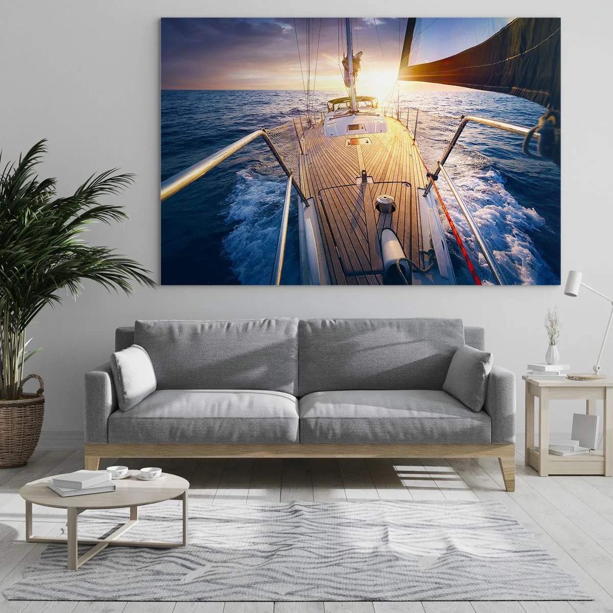 Glastavla - Bild på glas - Däcket på en segelbåt mot bakgrund av den nedgående solen och havets vågor - 70x50cm - Springa på vågorna - Modern väggdekoration för vardagsrum och sovrum ARTTOR