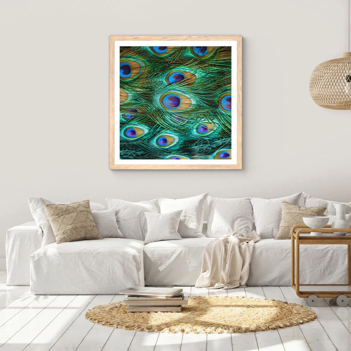 Affisch i ram av ljusek - Påfågels blick - 60x60 cm