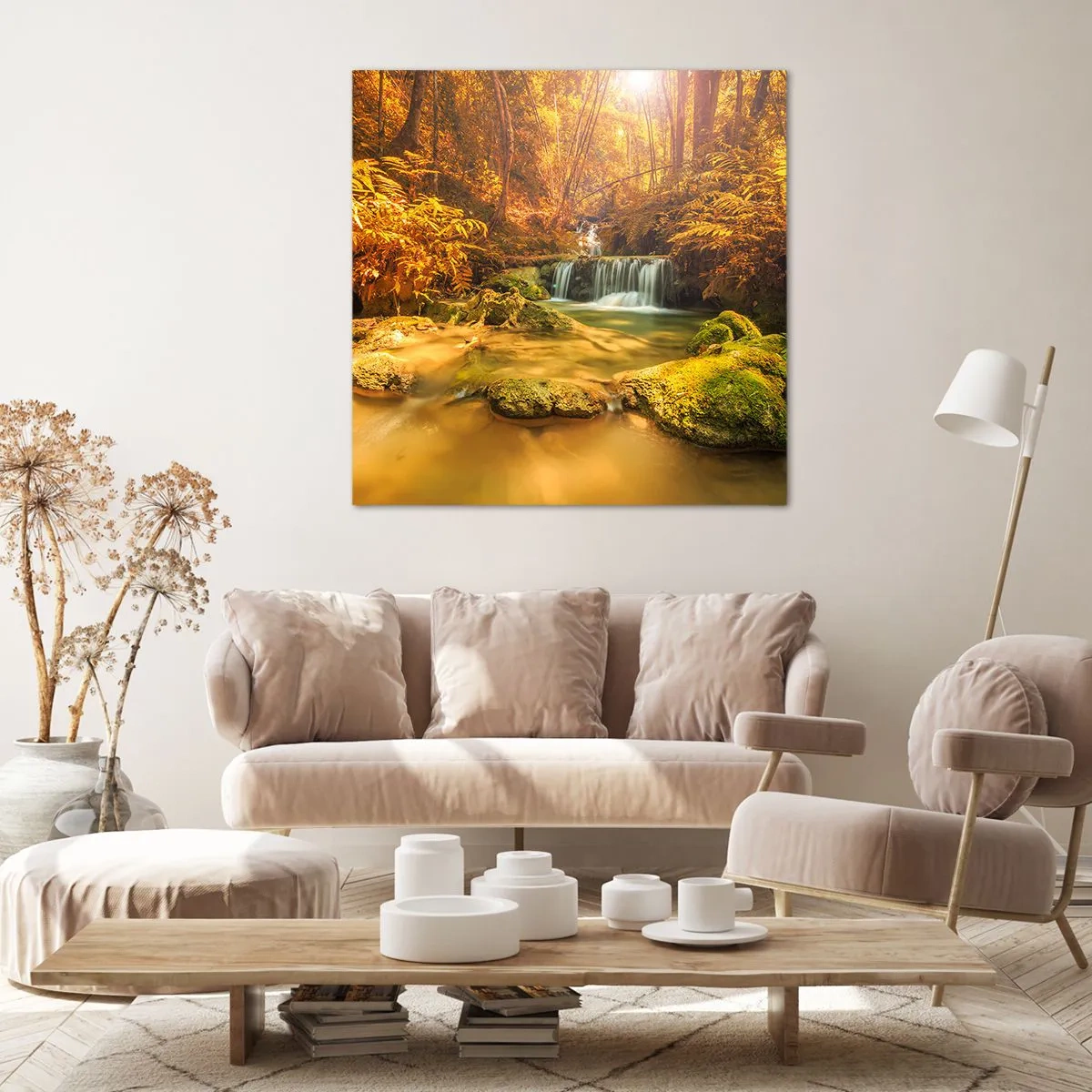 Canvastavla - Bild på duk - Skogkaskad i gult - 50x50 cm