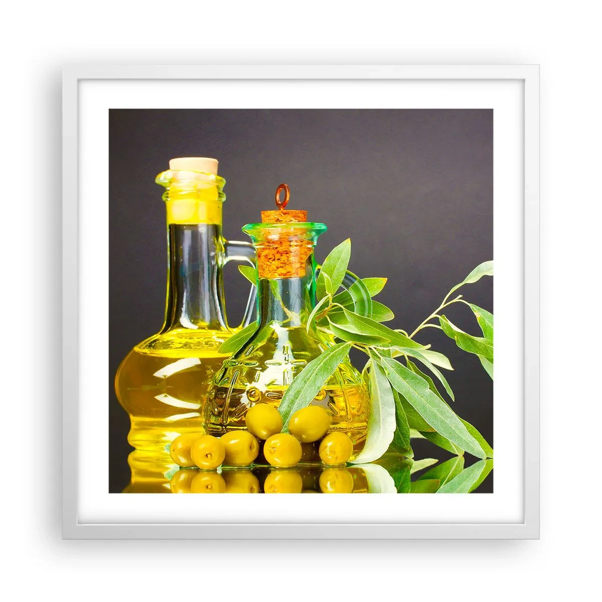 Affisch i vit ram - Stilleben med oliver och olivolja - 50x50 cm