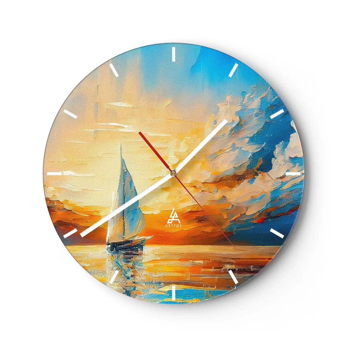 Väggklocka - Klocka på glas - En segelbåt mot bakgrund av en gyllene solnedgång över vattnet - 30x30cm - Segla i gult - Modern väggdekoration för vardagsrum, kök och sovrum ARTTOR