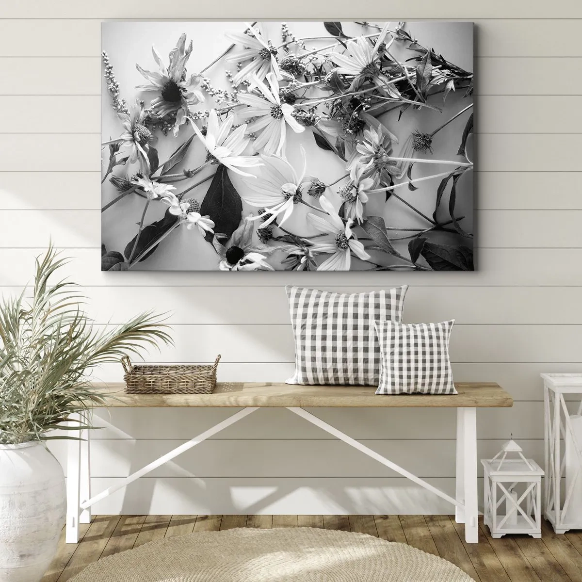 Canvastavla - Bild på duk - Svartvita blomsterarrangemang i en subtil konstnärlig stil - 70x50cm - Icke-blombukett - Modern väggdekoration för vardagsrum och sovrum ARTTOR