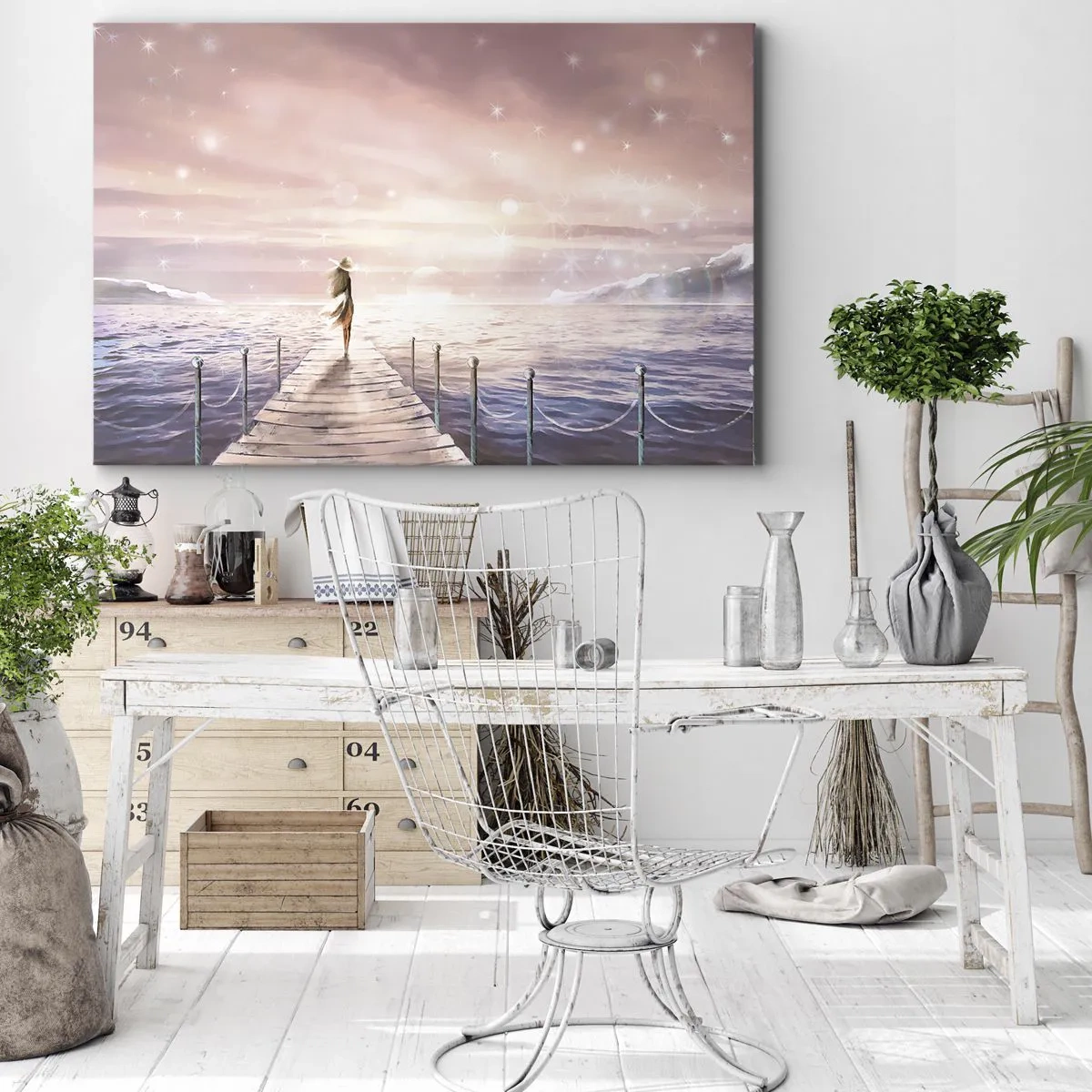 Canvastavla - Bild på duk - En kvinna på en brygga i en magisk solnedgång - 70x50cm - I drömmens ljus - Modern väggdekoration för vardagsrum och sovrum ARTTOR