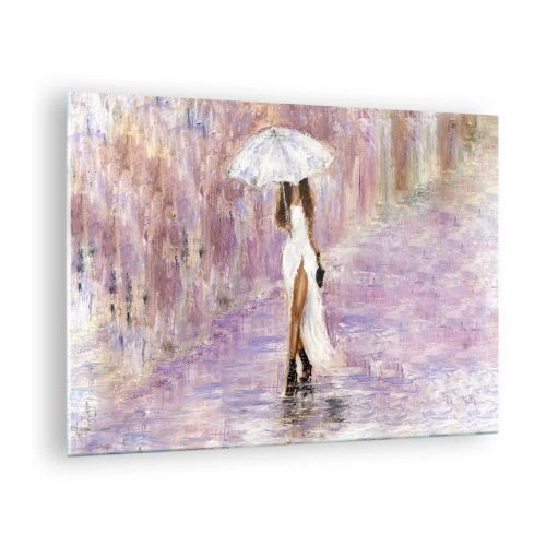 Glastavla - Bild på glas - Figur av en kvinna med ett paraply i en lila regnscen - 70x50cm - Under lila regn - Modern väggdekoration för vardagsrum och sovrum ARTTOR