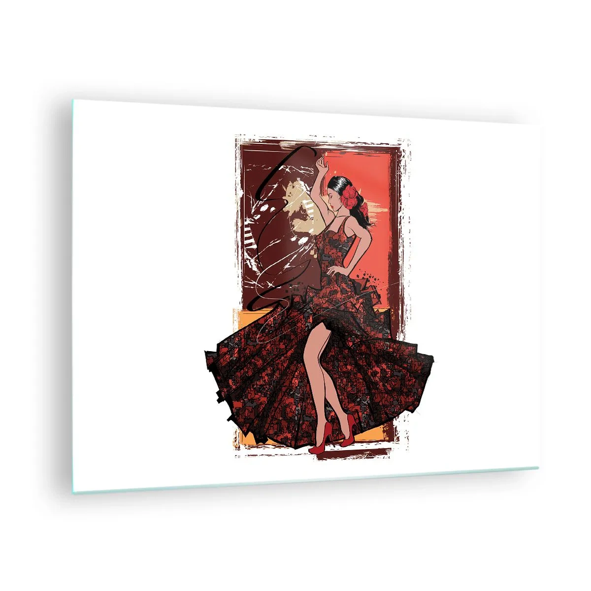 Glastavla - Bild på glas - Flamencodansare i en elegant röd och svart klänning - 70x50cm - I hjärtats takt - Modern väggdekoration för vardagsrum och sovrum ARTTOR
