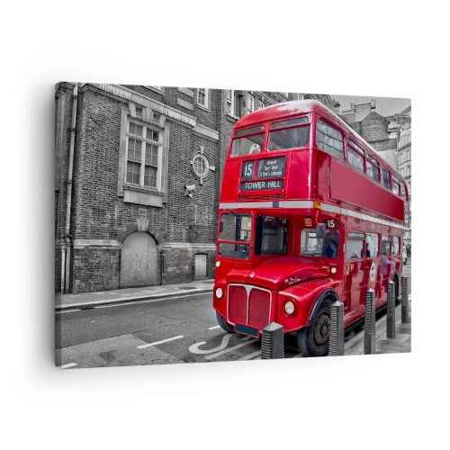 Canvastavla - Bild på duk - En röd dubbeldäckarbuss i London mot en bakgrund av klassisk arkitektur - 70x50cm - Alltid samma - Modern väggdekoration för vardagsrum och sovrum ARTTOR