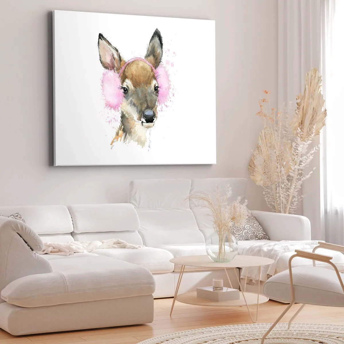 Canvastavla - Bild på duk - Akvarell hjort i rosa öronkåpor - 70x50cm - Kylan är inte längre skrämmande - Modern väggdekoration för vardagsrum och sovrum ARTTOR