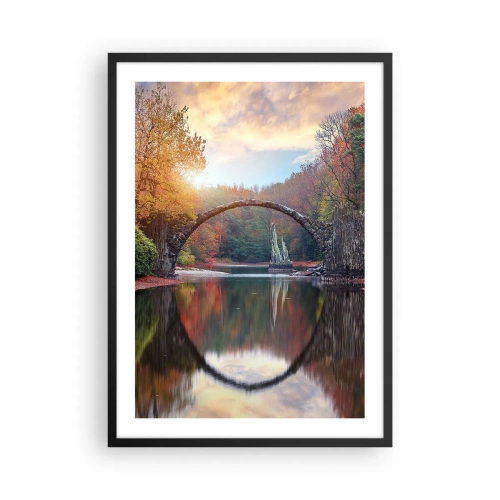 Affisch i svart ram - En stenbro över en sjö i ett höstlandskap - 50x70cm - På andra sidan av spegeln - Modern väggdekoration för vardagsrum och sovrum ARTTOR