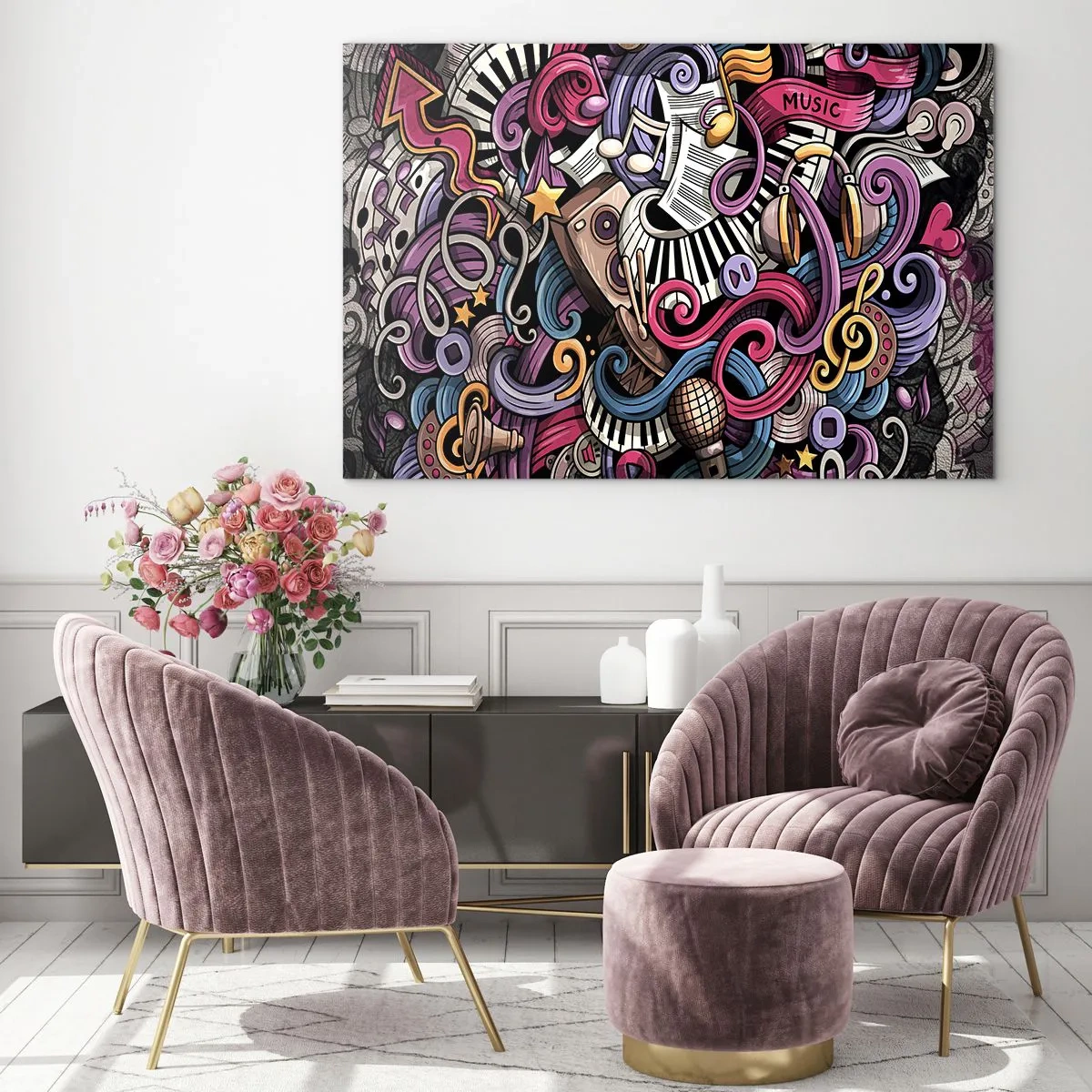 Glastavla - Bild på glas - Färgglada musikaliska teman med noter och instrument - 70x50cm - Komplicerad melodi - Modern väggdekoration för vardagsrum och sovrum ARTTOR
