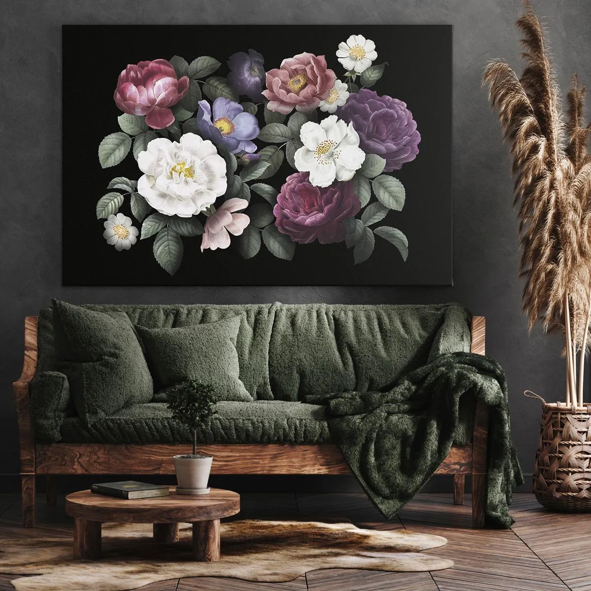 Canvastavla - Bild på duk - Blommor i olika färger mot svart bakgrund - 70x50cm - Från en engelsk trädgård - Modern väggdekoration för vardagsrum och sovrum ARTTOR