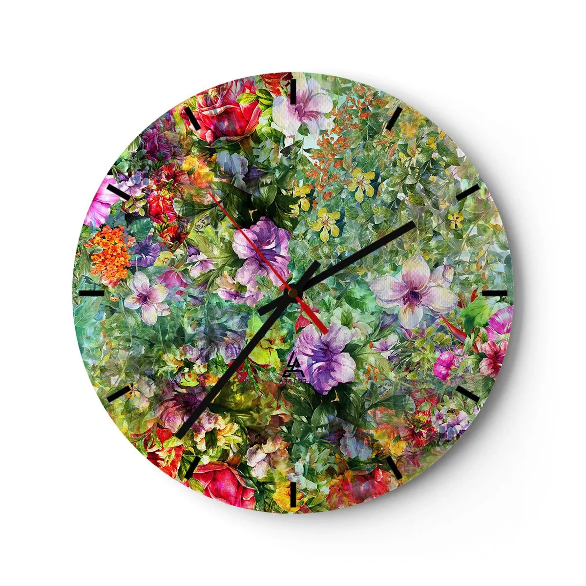 Väggklocka - Klocka på glas - Färgglada blommor i ett konstnärligt arrangemang - 30x30cm - Ta en dopp i blommorna - Modern väggdekoration för vardagsrum, kök och sovrum ARTTOR