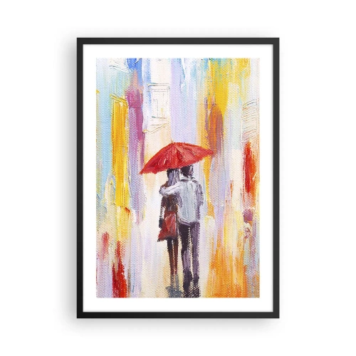Affisch i svart ram - En romantisk scen med ett par under ett rött paraply mot bakgrund av en stad. - 50x70cm - Må det fortsätta regna - Modern väggdekoration för vardagsrum och sovrum ARTTOR