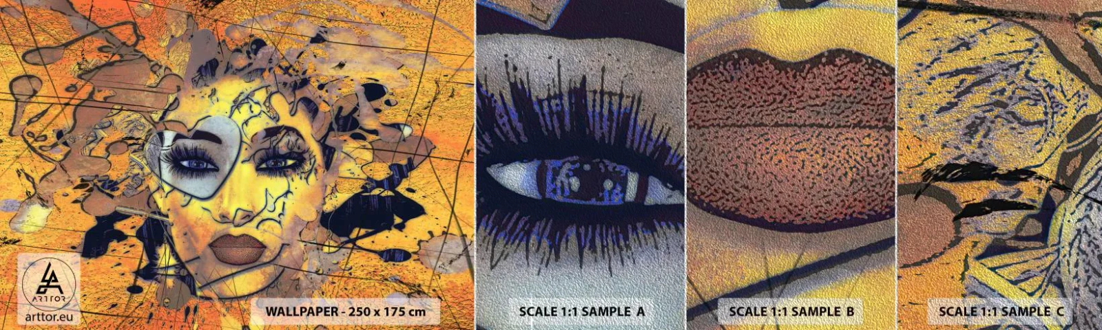 Provbit av fototapet Premium Sand - Solig skönhet - Abstraktion, Kvinnans ansikte, Ögon - 100x30 cm