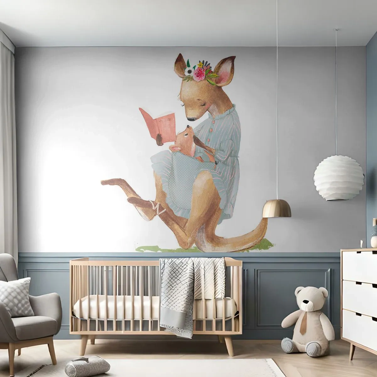 Fototapet Standard Eco - Illustration av en kängurumamma som läser en bok med sin unge - 100x70cm - Mamma, läs för mig - Modern väggdekoration för vardagsrum och sovrum ARTTOR