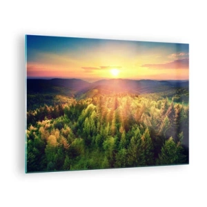 Glastavla - Bild på glas - Solnedgång över en bergskog med utsikt över dalarna - 70x50cm - Trädtoppar och bergstoppar - Modern väggdekoration för vardagsrum och sovrum ARTTOR