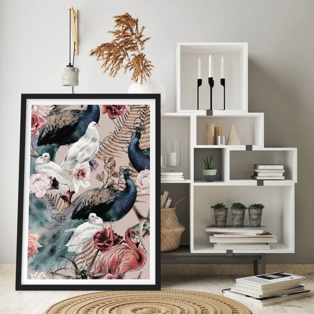 Affisch i svart ram - Färgglada fåglar och blommor på en beige bakgrund - 50x70cm - I palatsträdgården - Modern väggdekoration för vardagsrum och sovrum ARTTOR