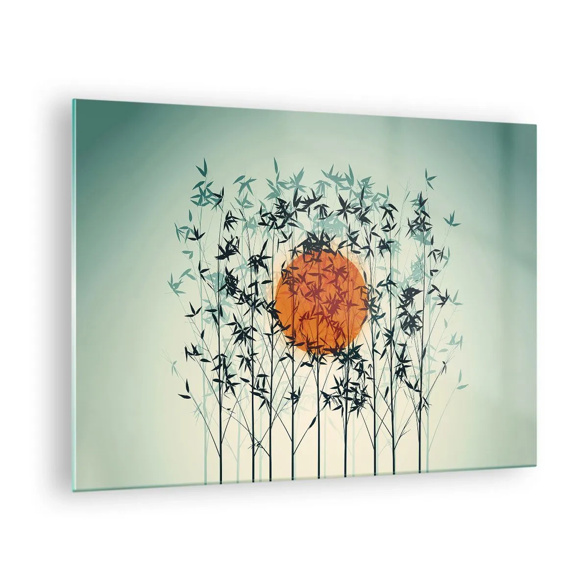 Glastavla - Bild på glas - Röd sol bland ömtåliga bambublad - 70x50cm - Japansk sol - Modern väggdekoration för vardagsrum och sovrum ARTTOR
