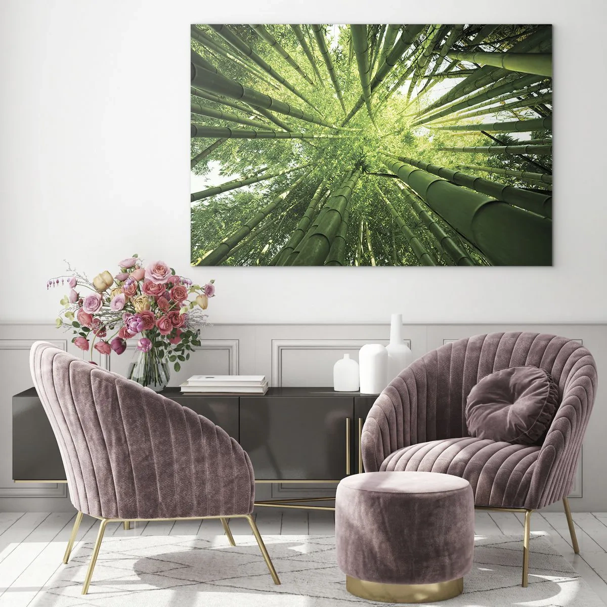 Glastavla - Bild på glas - Uppåtriktat perspektiv av bambuskogen - 70x50cm - I en bambushage - Modern väggdekoration för vardagsrum och sovrum ARTTOR