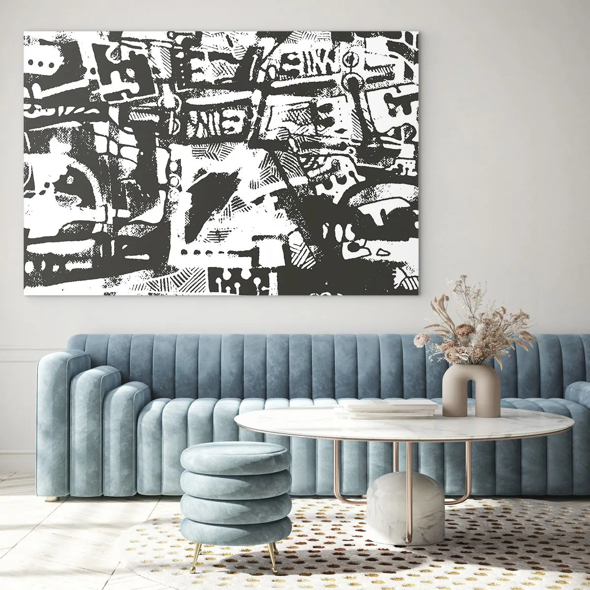 Glastavla - Bild på glas - Svartvit abstraktion med geometriska och tekniska motiv - 70x50cm - Ordning eller kaos? - Modern väggdekoration för vardagsrum och sovrum ARTTOR