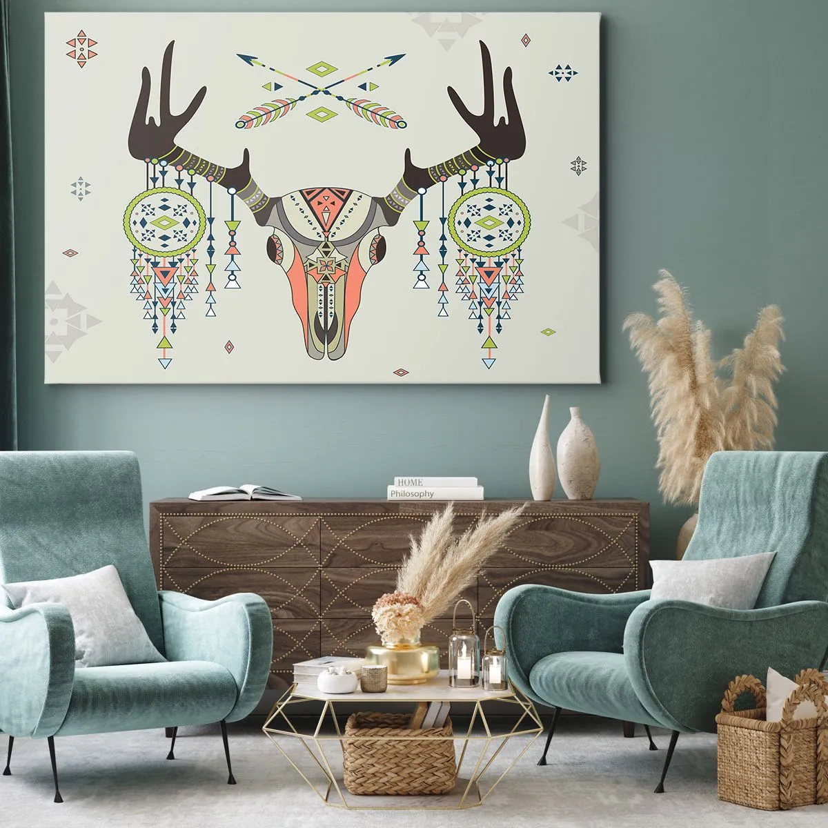 Canvastavla - Bild på duk - Boho-dekoration med hjortskalle och drömfångare - 70x50cm - Indianjägares trofé - Modern väggdekoration för vardagsrum och sovrum ARTTOR