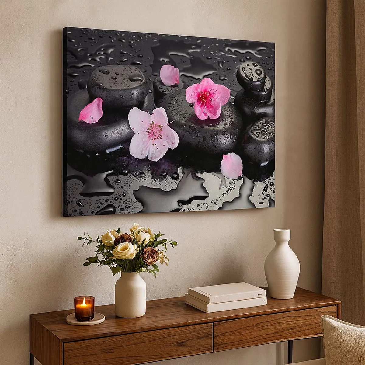 Canvastavla - Bild på duk - Svarta stenar och rosa blommor i spa-stil - 70x50cm - Så faller en sten från hjärtat - Modern väggdekoration för vardagsrum och sovrum ARTTOR