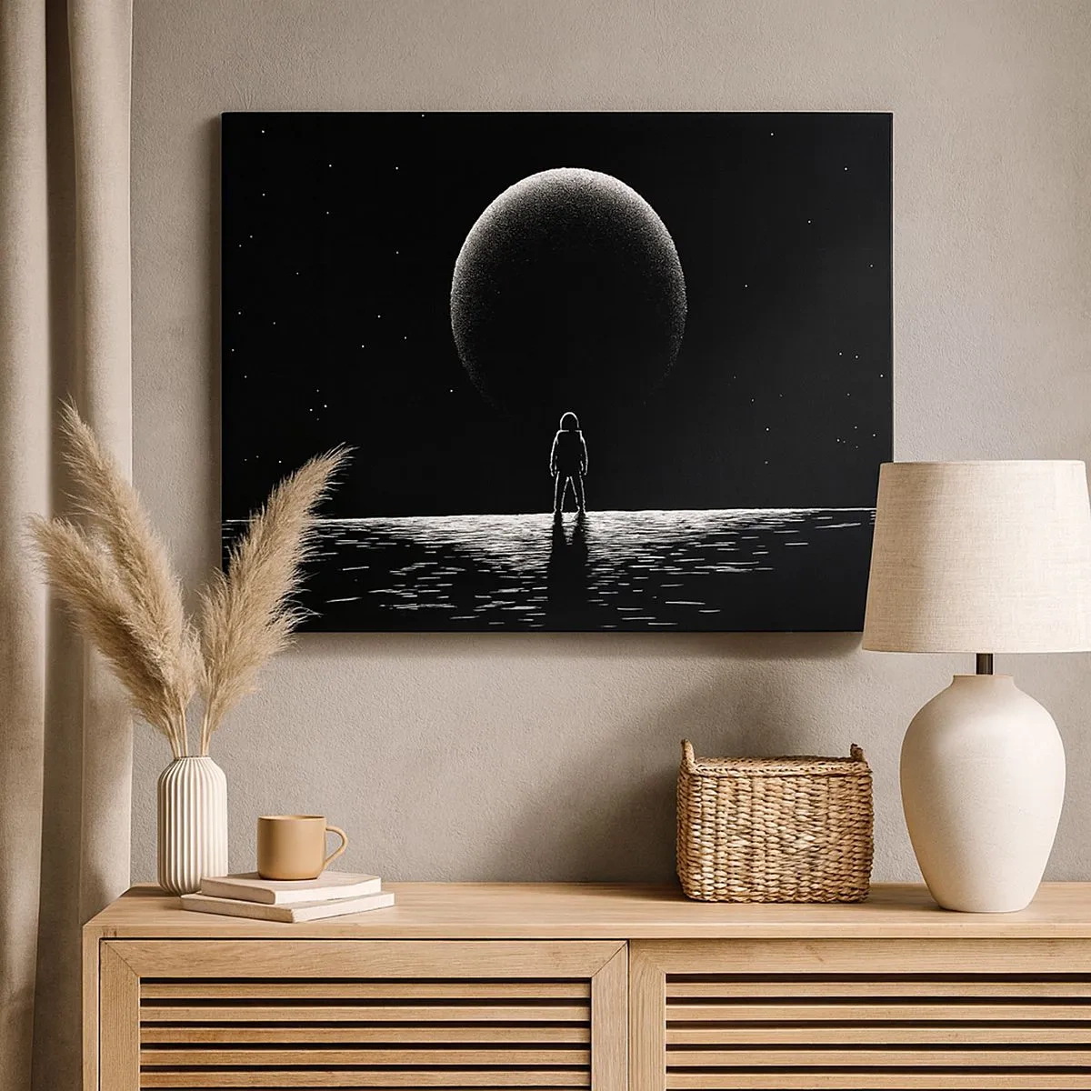 Canvastavla - Bild på duk - En astronaut mot bakgrund av en stor planet i yttre rymden - 70x50cm - Ansikte mot ansikte - Modern väggdekoration för vardagsrum och sovrum ARTTOR