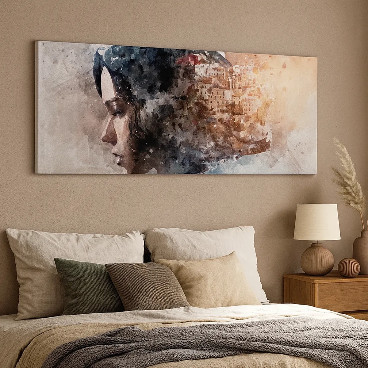 Canvastavla - Bild på duk - Berättelse om en tjej med en stad i bakgrunden - 30x30 cm