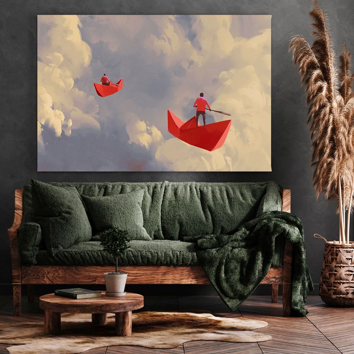 Canvastavla - Bild på duk - Röda pappersbåtar som svävar i molnen - 70x50cm - Drömmarnas utflykt - Modern väggdekoration för vardagsrum och sovrum ARTTOR