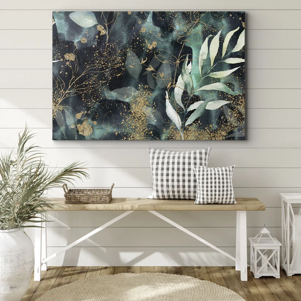 Canvastavla - Bild på duk - Eleganta löv på en mörk bakgrund med gulddetaljer - 70x50cm - Förtrollad trädgård - Modern väggdekoration för vardagsrum och sovrum ARTTOR