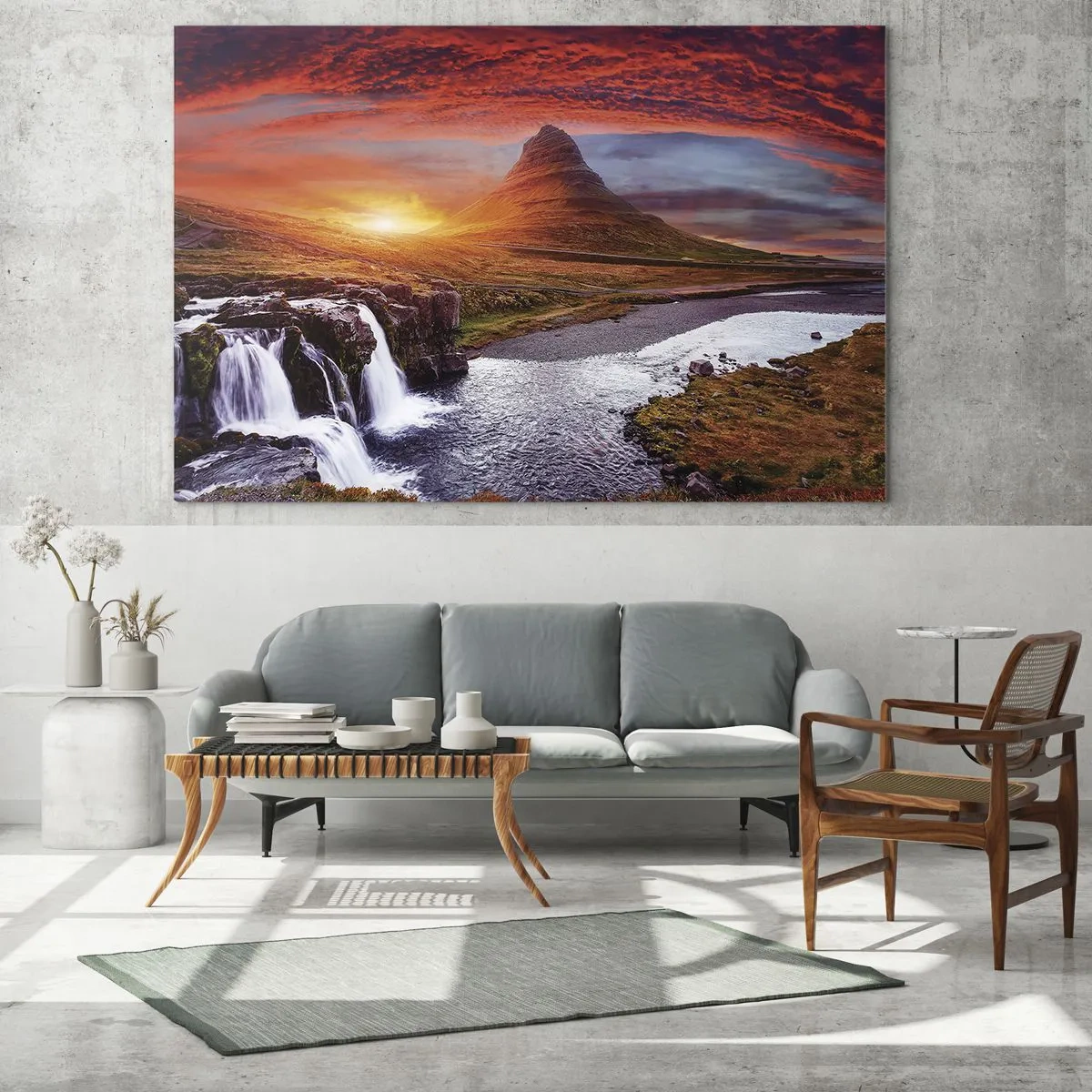 Glastavla - Bild på glas - Berglandskap med vattenfall och solnedgång - 70x50cm - Utsikt över Midgård - Modern väggdekoration för vardagsrum och sovrum ARTTOR