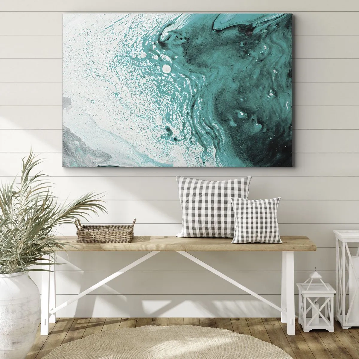 Canvastavla - Bild på duk - Abstrakt komposition i turkosa nyanser på vit bakgrund - 70x50cm - Smälta sig in i vitt och turkos - Modern väggdekoration för vardagsrum och sovrum ARTTOR