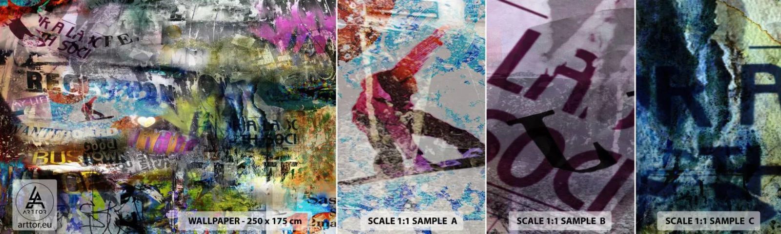 Provbit av självhäftande fototapet Deluxe Sticker - Collage med minnen - Graffiti, Väggmålning, Modernt mönster - 100x30 cm