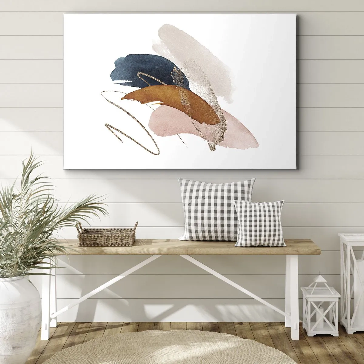 Canvastavla - Bild på duk - Abstrakta penseldrag i pastellfärger med gulddetaljer - 70x50cm - Bevingad komposition - Modern väggdekoration för vardagsrum och sovrum ARTTOR