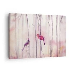 Canvastavla - Bild på duk - Ett par kardinaler uppe på grenar i ett pastellfärgat landskap - 70x50cm - Rosa skogens saga - Modern väggdekoration för vardagsrum och sovrum ARTTOR