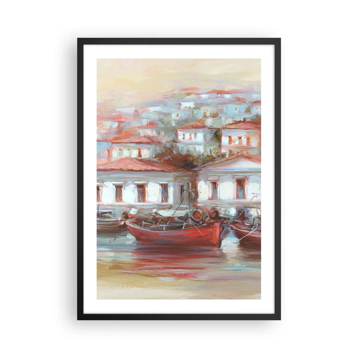 Affisch i svart ram - En färgglad stad med båtar på stranden - 50x70cm - Lycklig stad - Modern väggdekoration för vardagsrum och sovrum ARTTOR