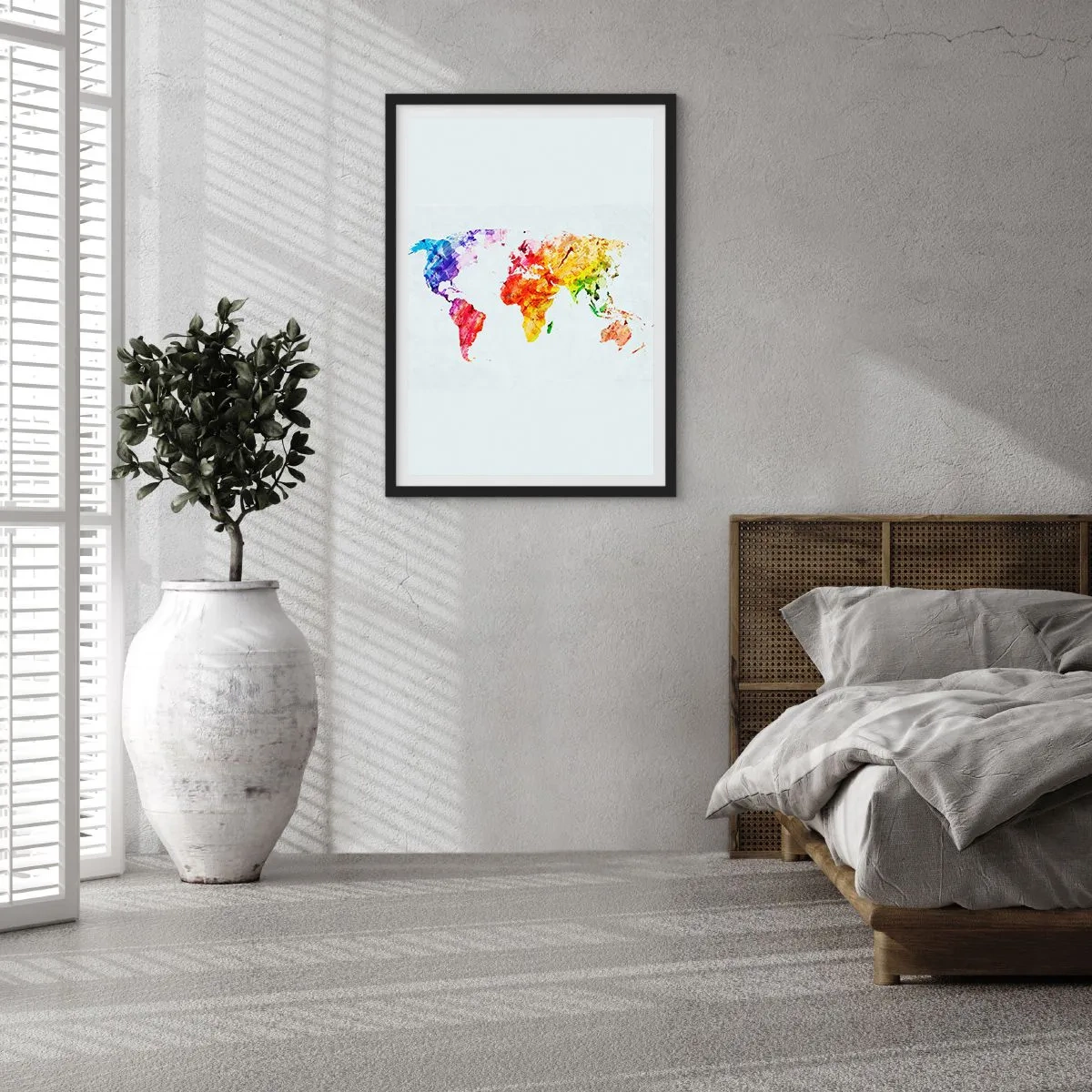 Affisch i svart ram - Färgglad akvarell världskarta - 50x70cm - Världens alla färger - Modern väggdekoration för vardagsrum och sovrum ARTTOR