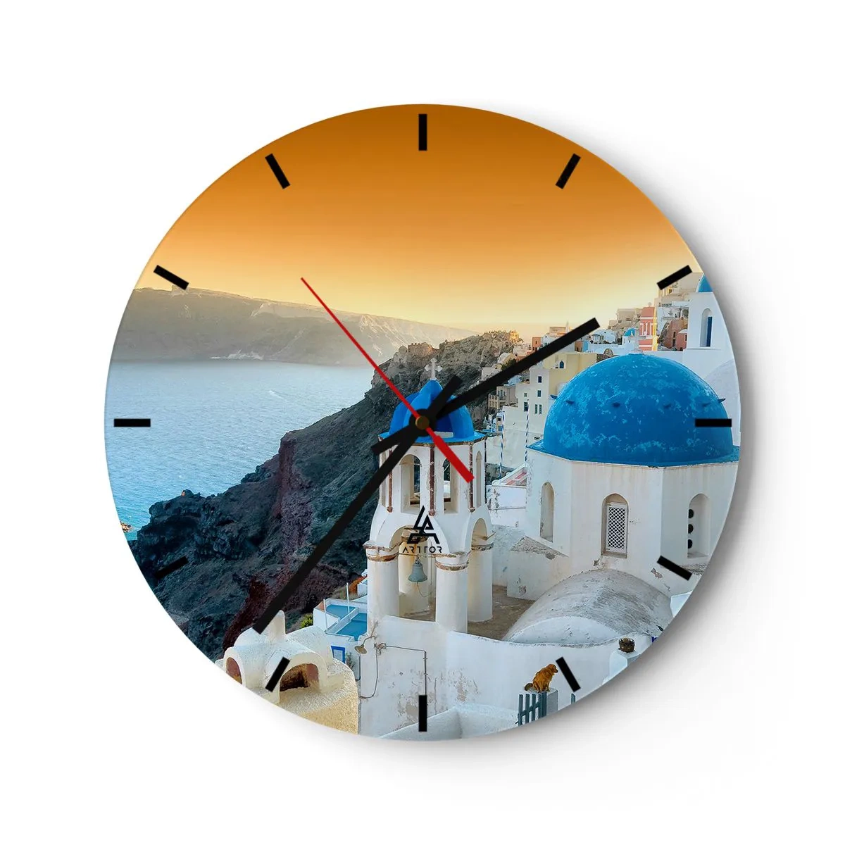 Väggklocka - Klocka på glas - Santorini med havsutsikt vid solnedgången - 30x30cm - Santorini - inbäddat i berg - Modern väggdekoration för vardagsrum, kök och sovrum ARTTOR