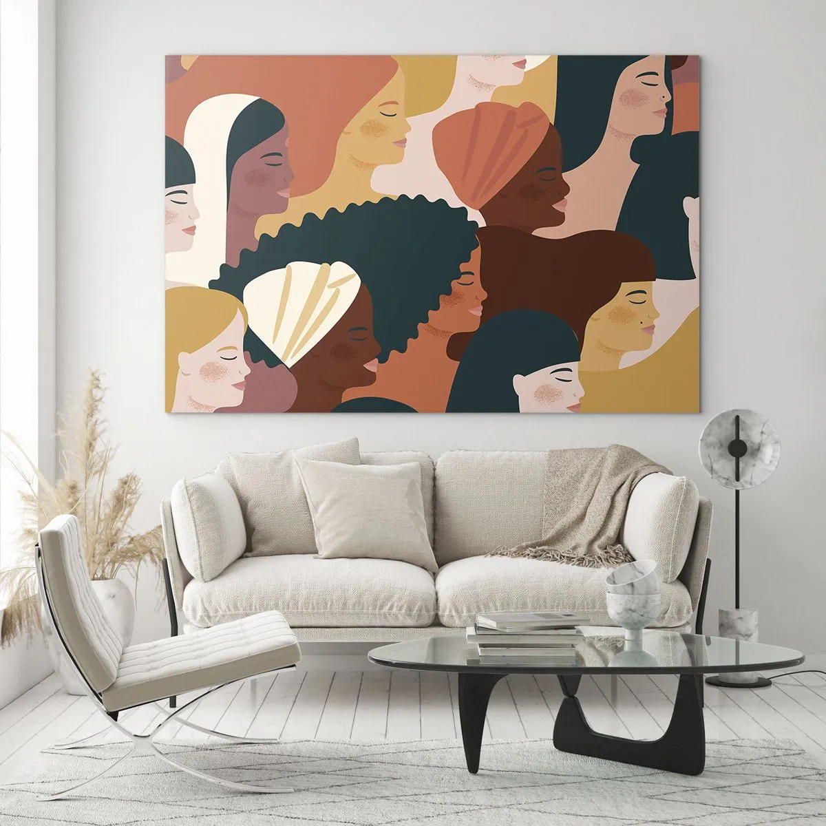 Glastavla - Bild på glas - Snygg illustration av olika kvinnliga silhuetter - 70x50cm - Endast kvinnlighet - Modern väggdekoration för vardagsrum och sovrum ARTTOR