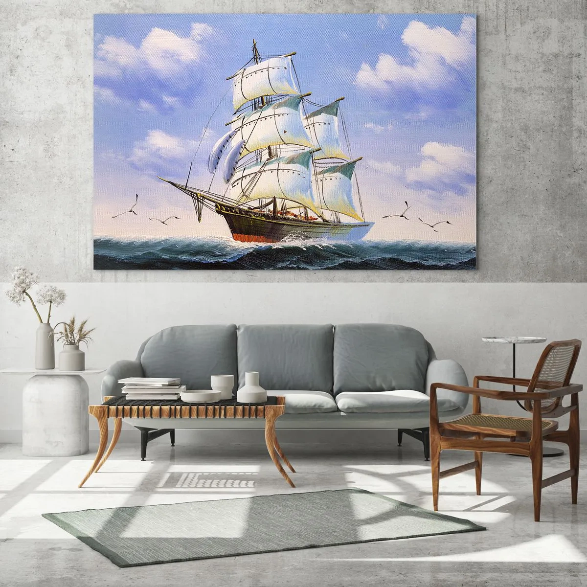 Glastavla - Bild på glas - Ett segelfartyg på öppet hav under en blå himmel - 70x50cm - Stolt med vinden - Modern väggdekoration för vardagsrum och sovrum ARTTOR